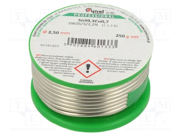 Arame de solda, Sn99,3Cu0,7, 2,5mm, 250g, sem chu.