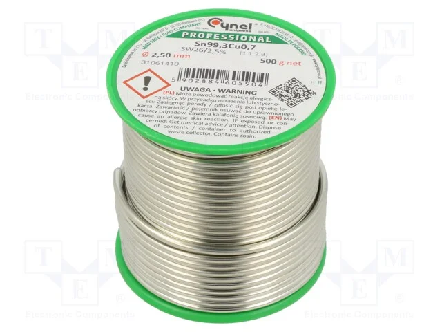 Arame de solda, Sn99,3Cu0,7, 2,5mm, 500g, sem chu.
