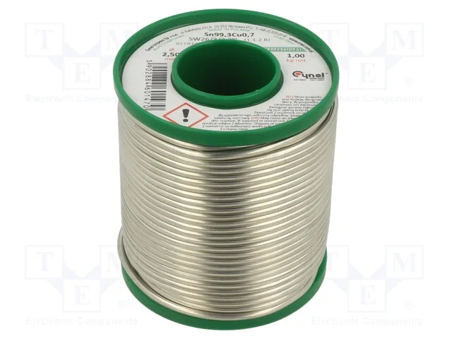 Arame de solda, Sn99,3Cu0,7, 2,5mm, 1000g, sem ch.