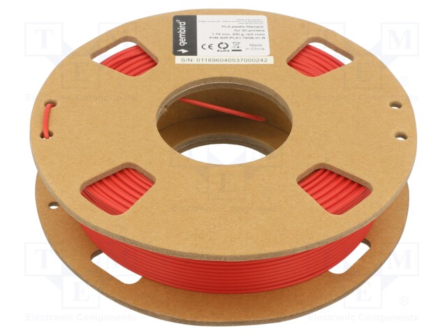 Filamento: PLA, 1,75mm, vermelho, 190÷220C, 200g