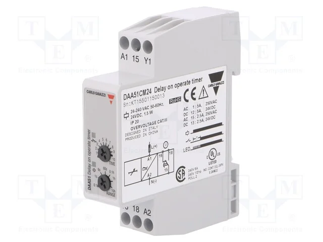 Relé temporizado, 0,1s÷100h, SPDT, 250VAC/5A,24VD.