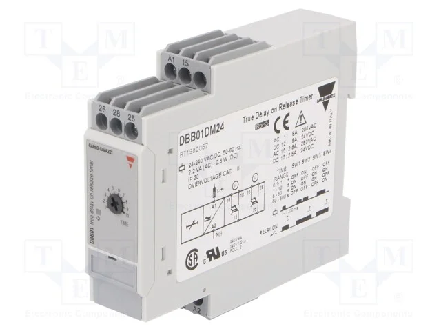 Relé temporizado, 0,1÷600s, DPDT, 250VAC/8A,24VDC.