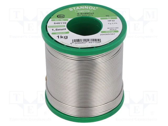 Arame de solda, Sn99Cu1, 1,5mm, 1kg, sem chumbo, .