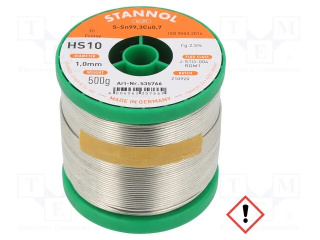 Arame de solda, Sn99,3Cu0,7, 1mm, 0,5kg, sem chum.