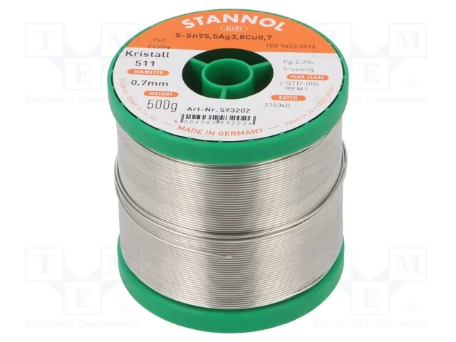 Arame de solda, Sn95,5Ag3,8Cu0,7, 700um, 0,5kg, s.