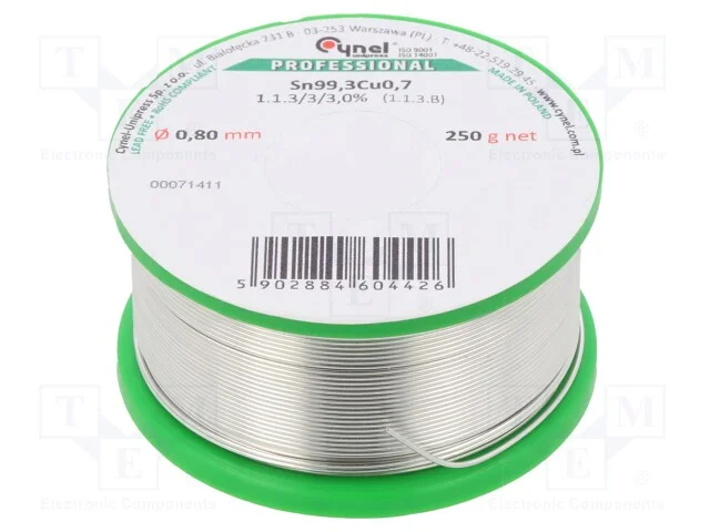 Arame de Solda, Sn99,3cu0,7, 0,8mm, 250g, Sem Chumbo, Bobina, 3%