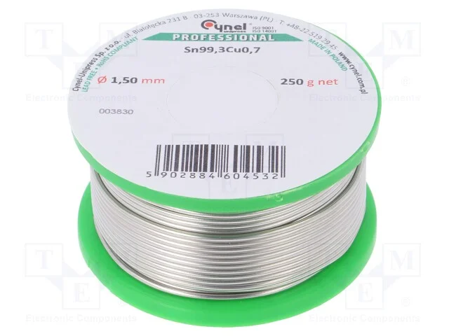 Sem núcleo,arame de solda, Sn99,3Cu0,7, 1,5mm, 25.
