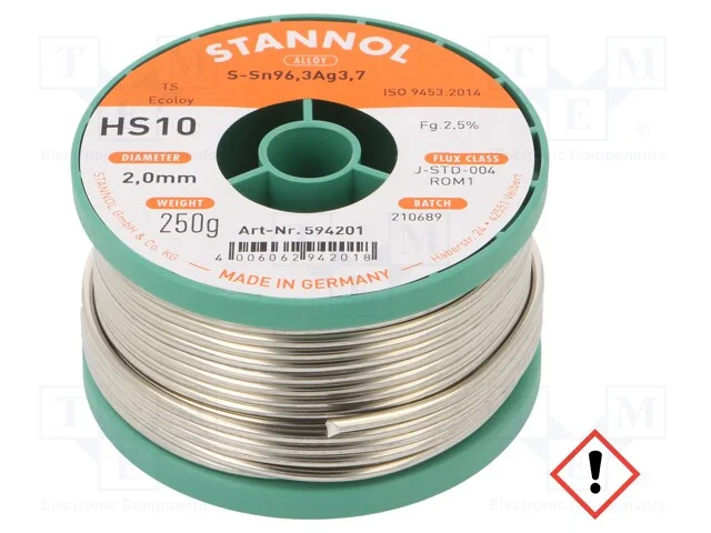 Arame de Solda, Sn96,3ag3,7, 2mm, 0,25kg, Sem Chumbo, Bobina, Hs10