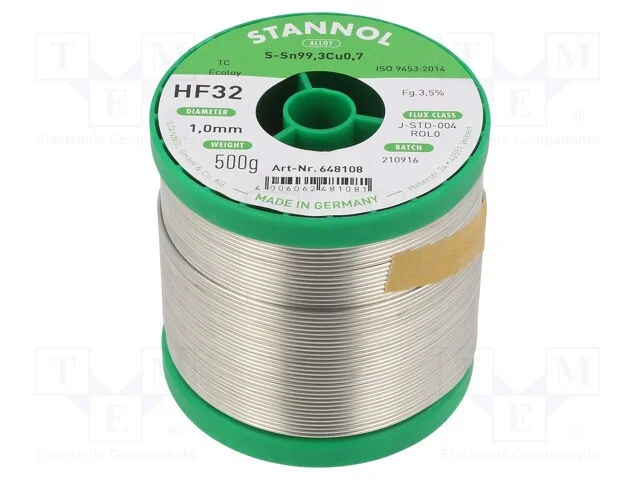 Arame de solda, Sn99,3Cu0,7, 1mm, 0,5kg, sem chum.