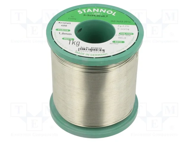 Arame de solda, Sn99,3Cu0,7, 1mm, 1kg, sem chumbo.