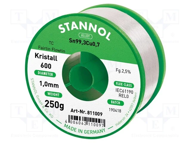 Arame de Solda, Sn99,3cu0,7, 1mm, 250g, Sem Chumbo, Bobina, 2,5%