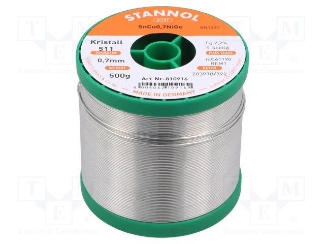 Arame de Solda, Sn99,3cu0,7+Nige, 0,7mm, 0,5kg, Sem Chumbo, 227c