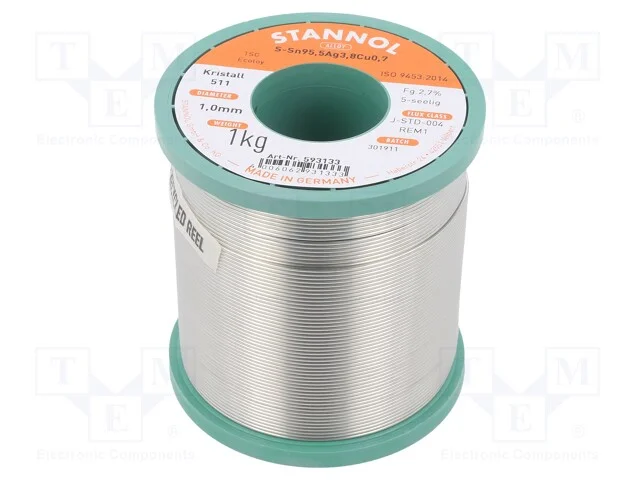 Arame de solda, Sn95,5Ag3,8Cu0,7, 1mm, 1kg, sem c.