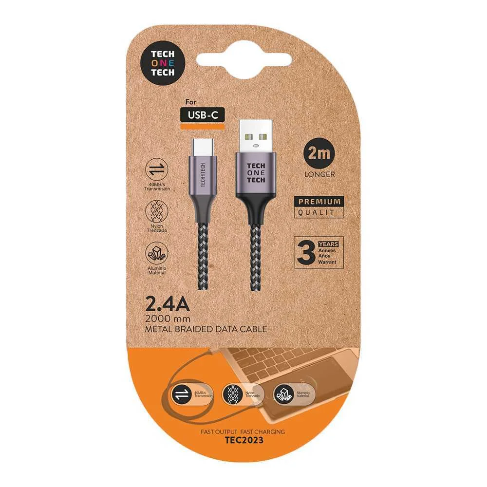 Cabo Nylon Cinzento 2m C/Usb-A a Usb-C 2,4a Tec