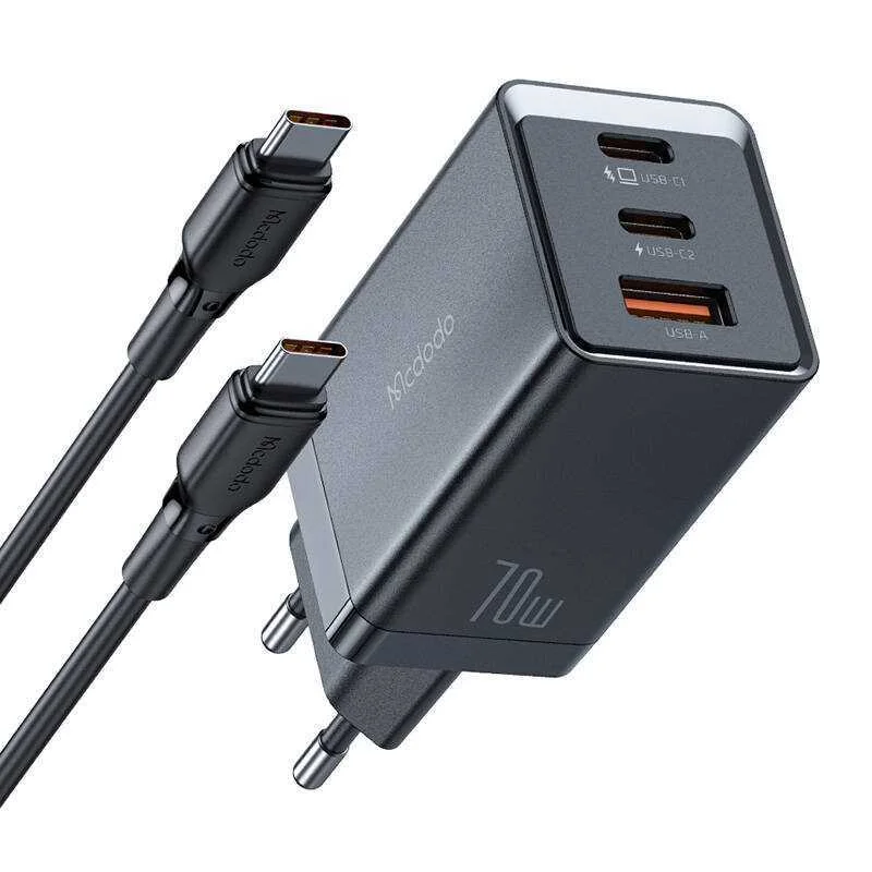 Gan Mcdodo Ch-1543 Network Charger, 2x Usb-C, 1x Usb, 67w + Usb-C To Usb-C 2m Cable (Black)