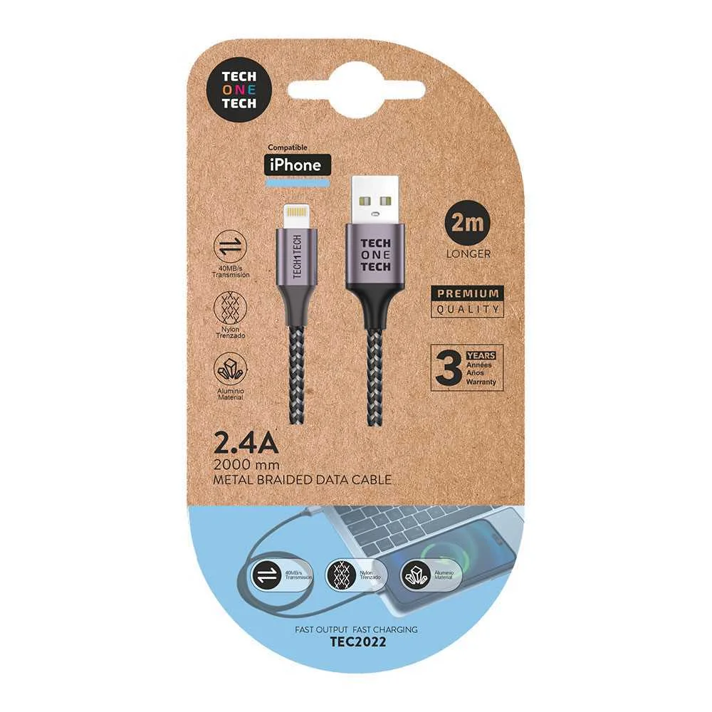 Cabo Nylon Cinzento 2m C/Usb-A a Lightning, Apple.