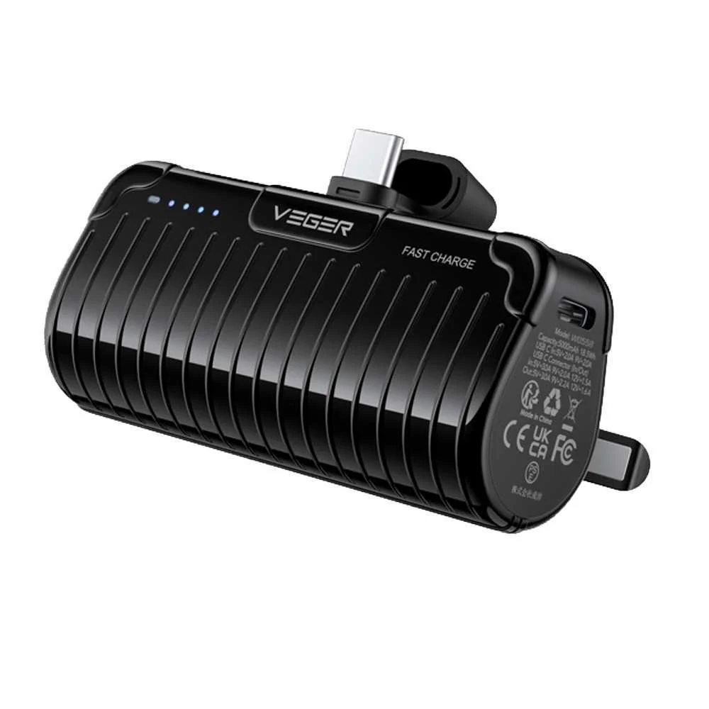 Veger Mini Power Bank com Leds para Carregamento - Capacidade 5000mah - Entradas Usb-C, Conetor Usb-