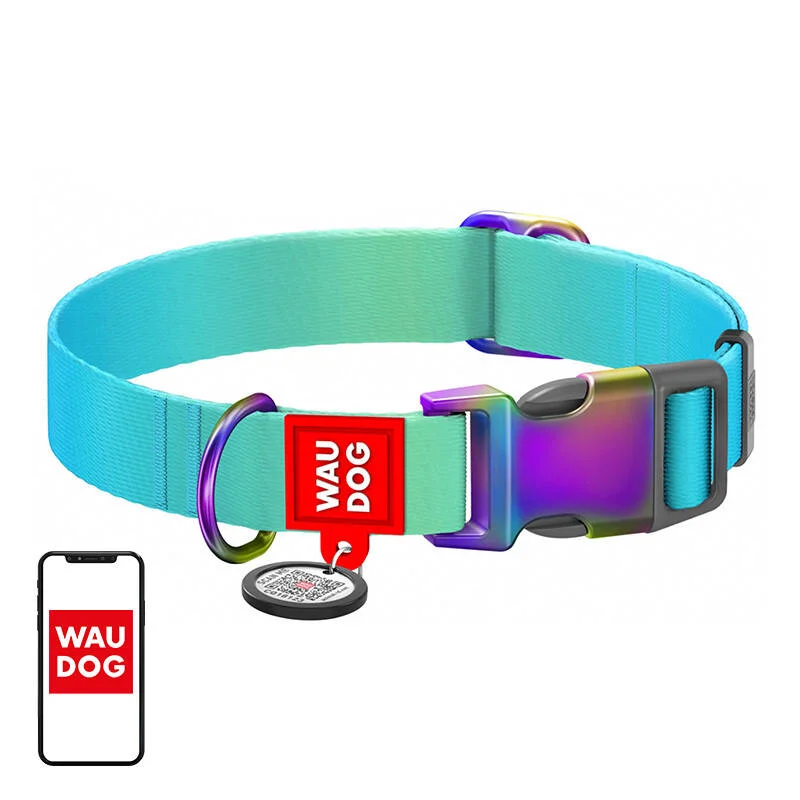 Nylon Collar With Qr Code For Waudog Gradient Dog, Blue , Size L