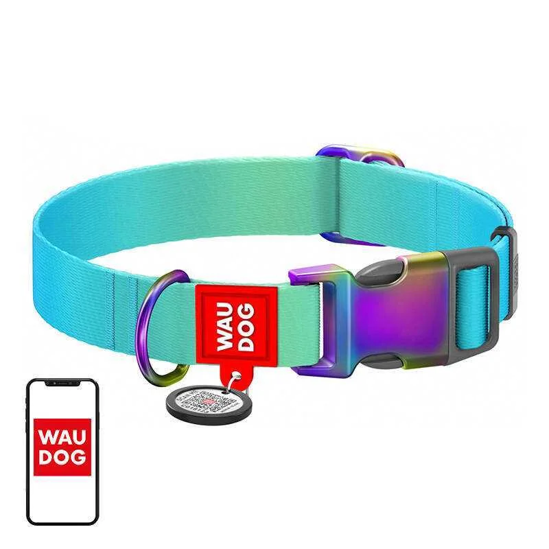 Nylon Collar With Qr Code For Waudog Gradient Dog, Blue , Size L