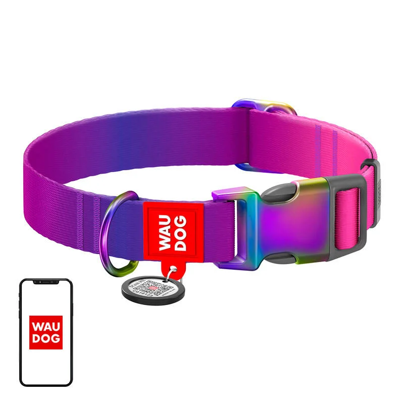 Waudog Gradient Nylon Dog Collar With Qr Code, Purple , Size M