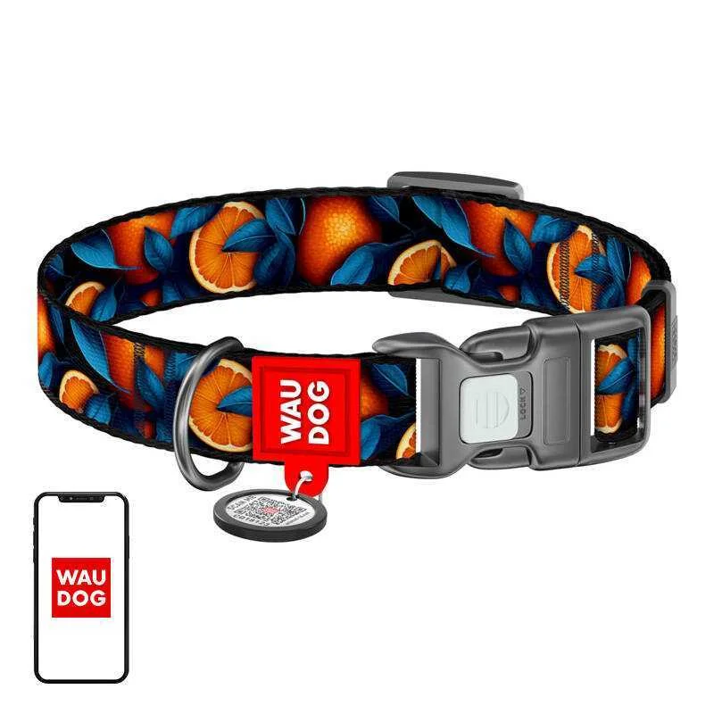 Waudog ''oranges'' Nylon Dog Collar With Qr Code, Size S