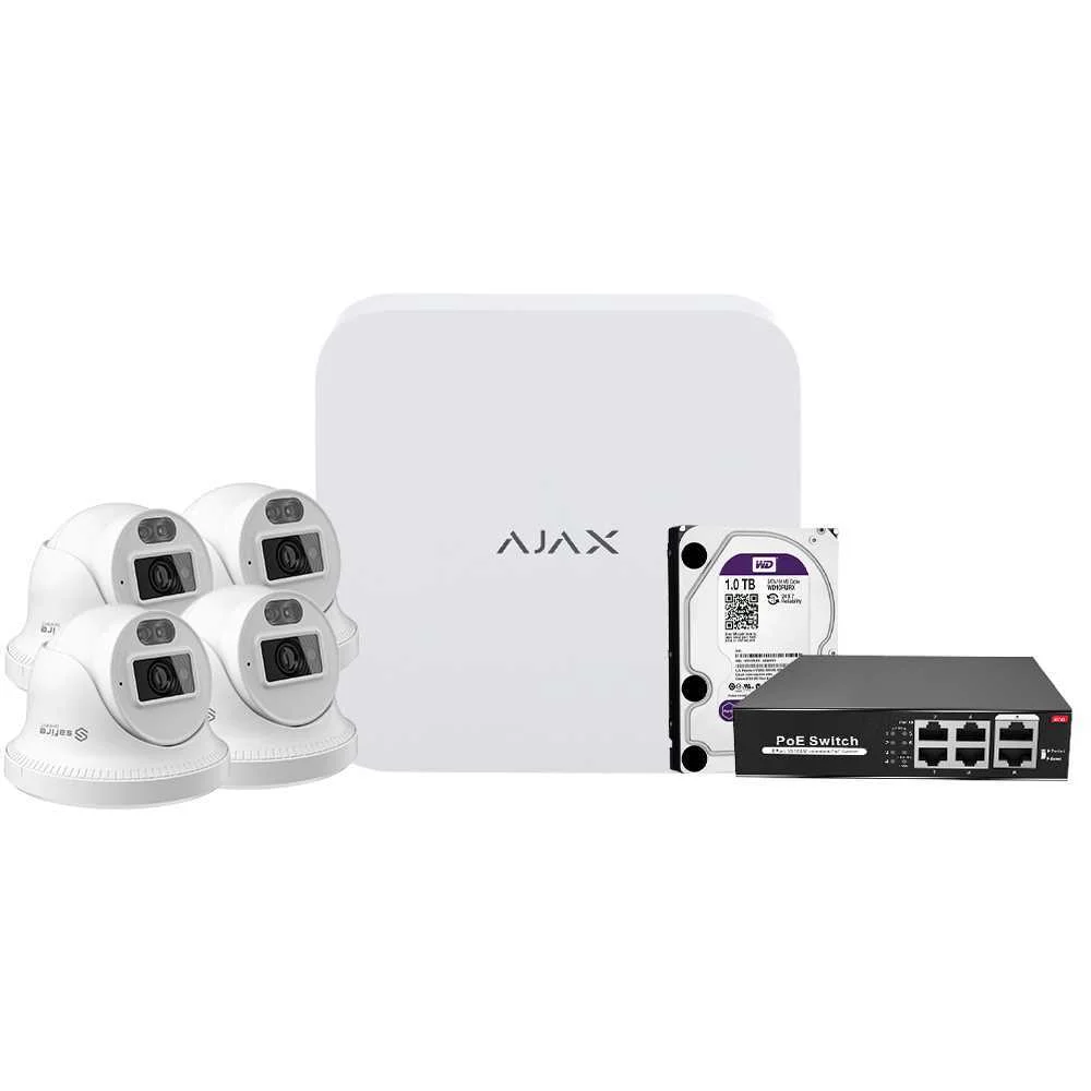 Kit de Videovigil&acirc;ncia Ajax - Gravador Ajax de 8 Canais   - 4 C&acirc;maras Turret de 4 Mpx Safire Smart D