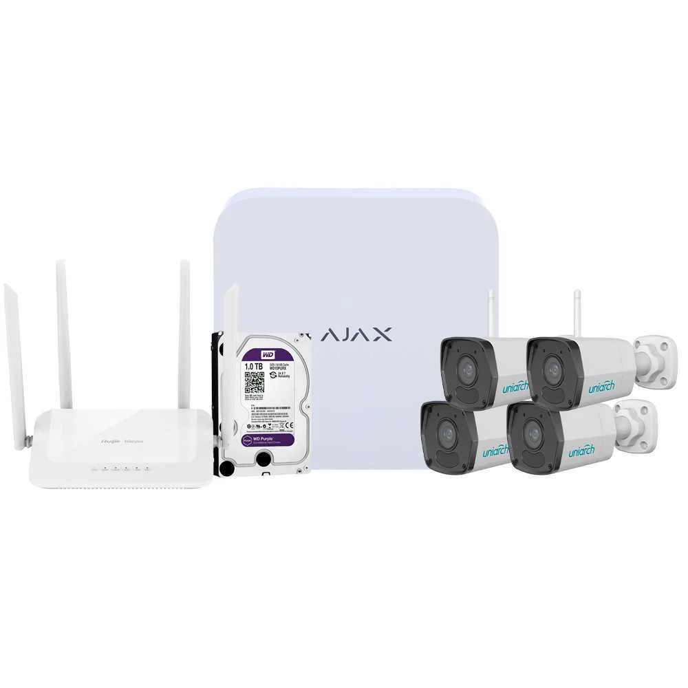 Kit de Videovigil&acirc;ncia Ajax - Gravador Ajax de 8 Canais   - 4 C&acirc;maras Bullet Wifi de 2 Mpx Uniarch -