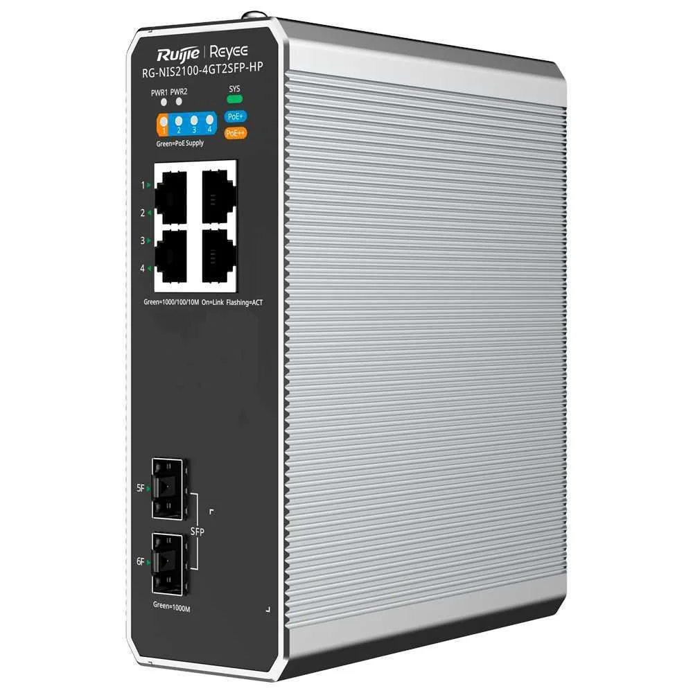 Reyee Switch Industrial Poe Cloud Capa 2 - 4 Portas Rj45 Gigabit + 2 Portas Sfp Gigabit - 4 Portas P