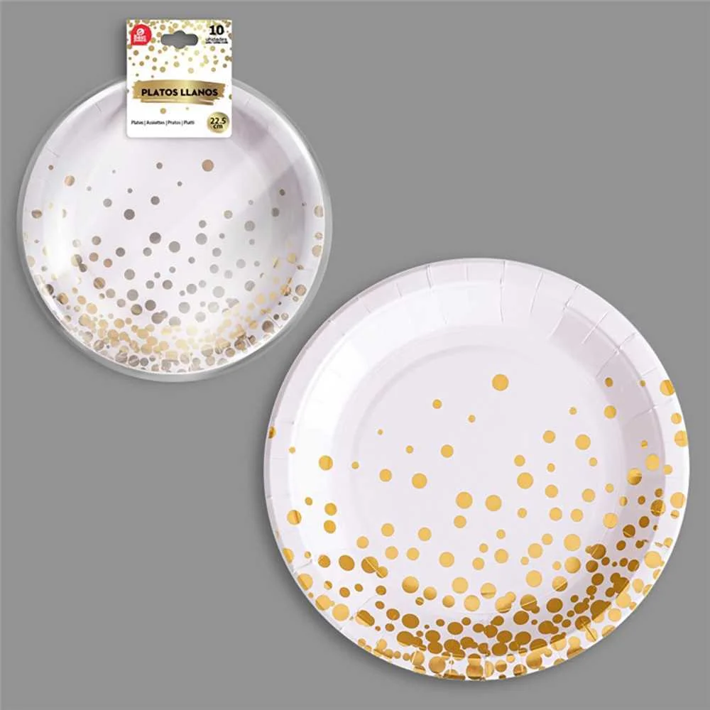Prato em cartão ø22,5 cm, branco / ouro. 10 unida.