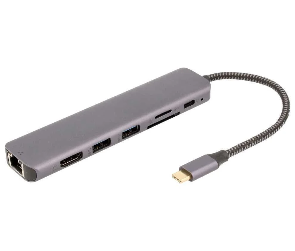 Adaptador 7 En 1 Hub Usb-C a Usb, Hdmi, Rj45 Y Ta.