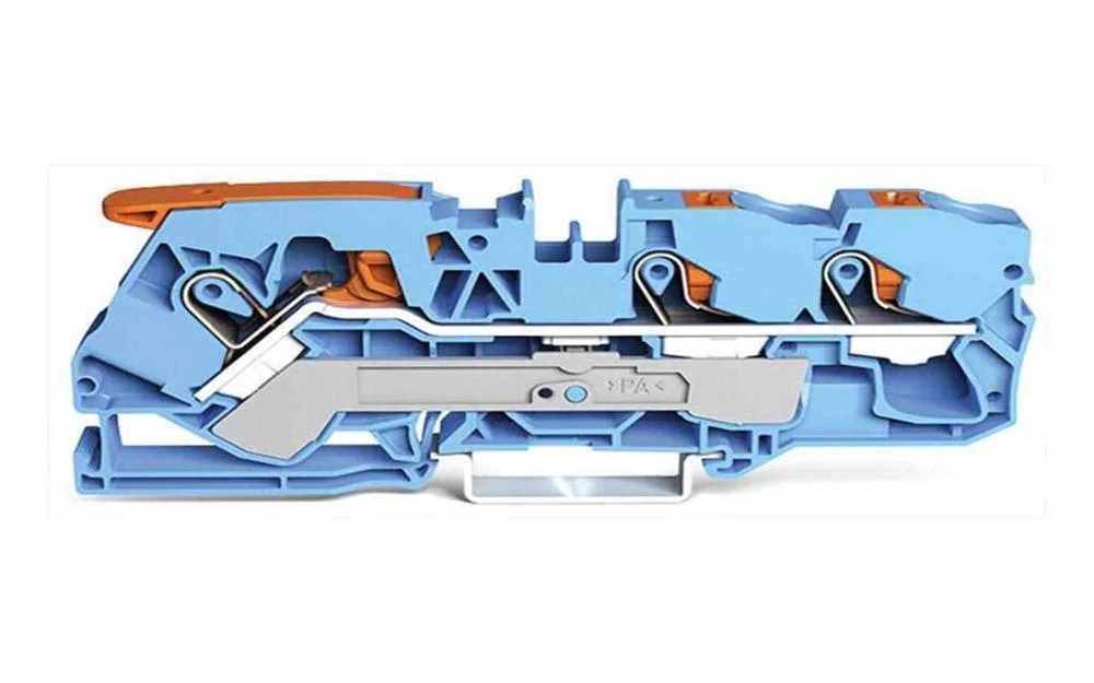 Bloco de Terminais de Passagem de 3 Condutores com Alavanca e Botão de Pressão 10 Mm², Azul