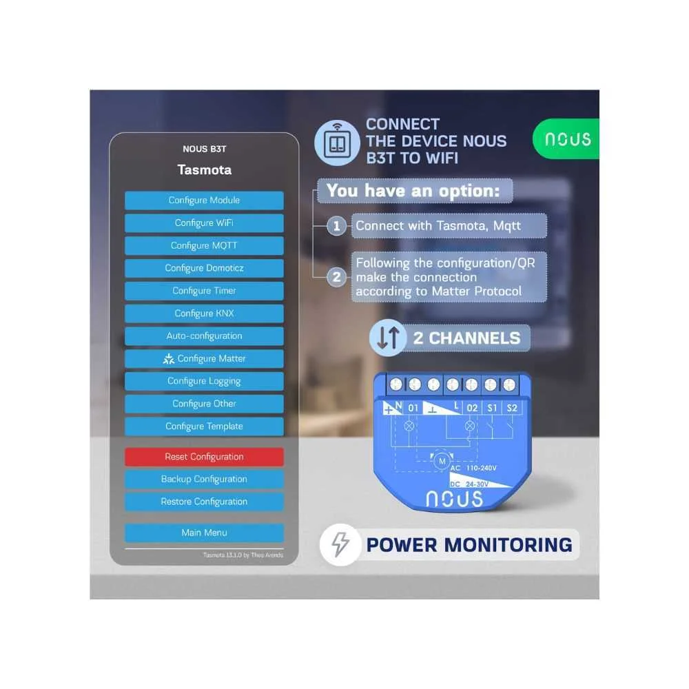 Mini Módulo Nous B3t Smart Wi-Fi 2-Gang, Contador de Energia, Controlo de Persianas / Cortinas (Tasm