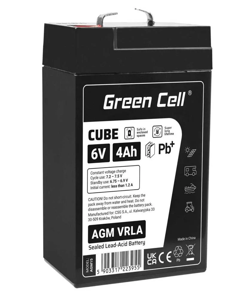 Green Cell Cube Agm Vrla Ip54 6v 4ah Bezobs?ugowy Akumulator do Systemu Alarmowego Kasy Fiskalnej Za