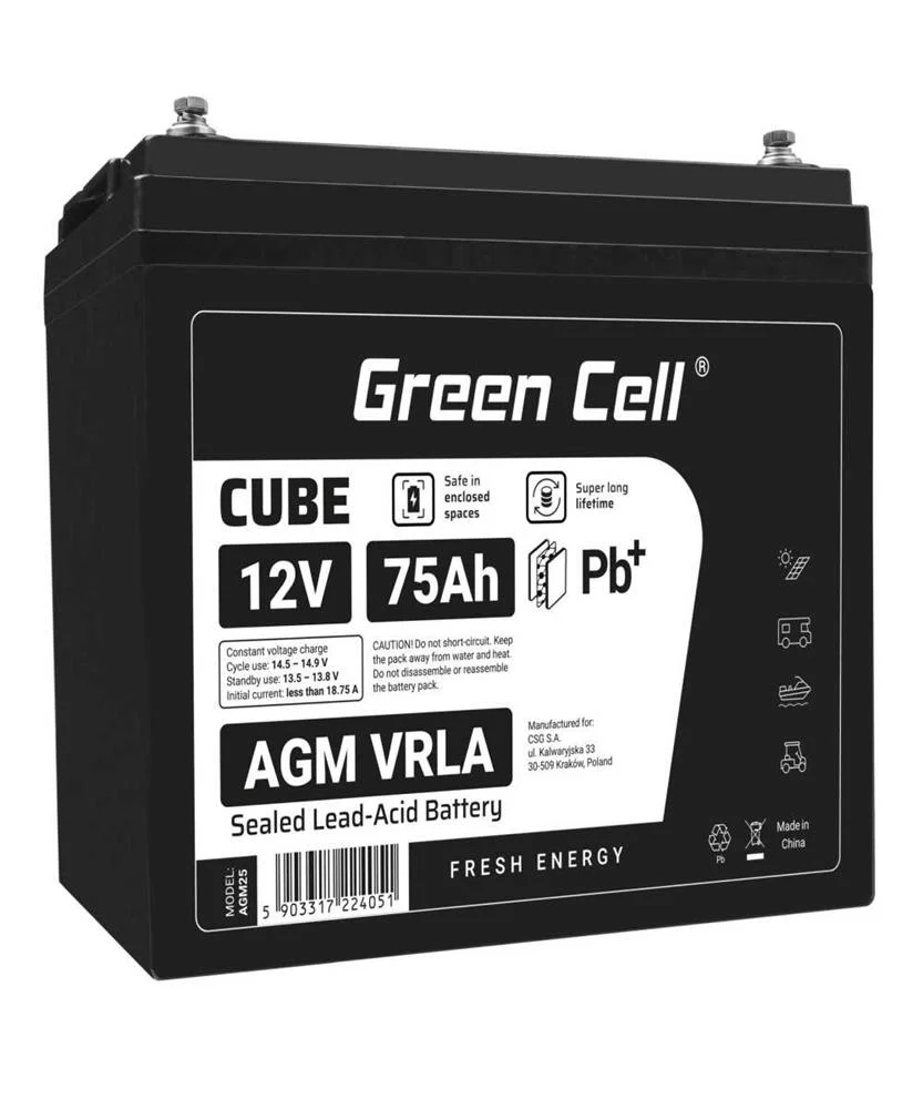 Green Cell Cube Agm Ip54 12v 75ah Vrla Battery Gel Deep Cycle Powerchair Photovoltaic Leisure Batter
