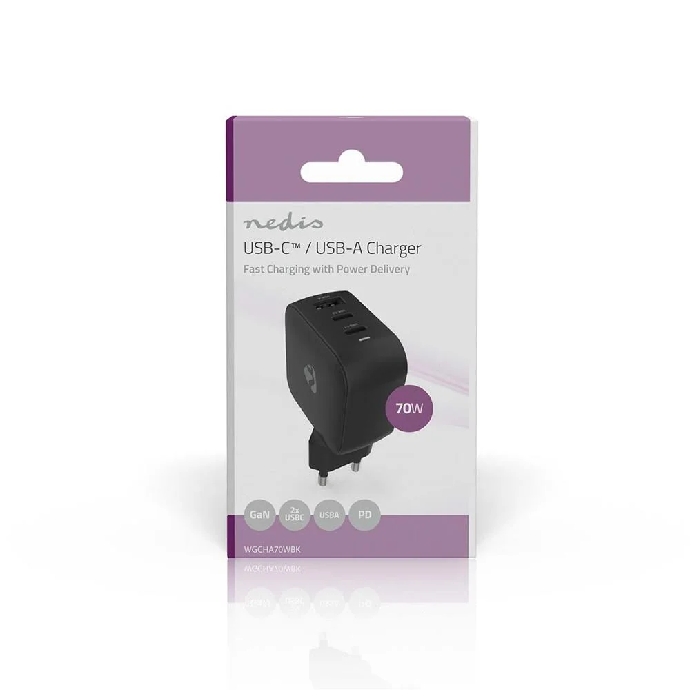 Carregador 70W GaN PD3.0 Quick charge USB-A / 2x USB-C Preto