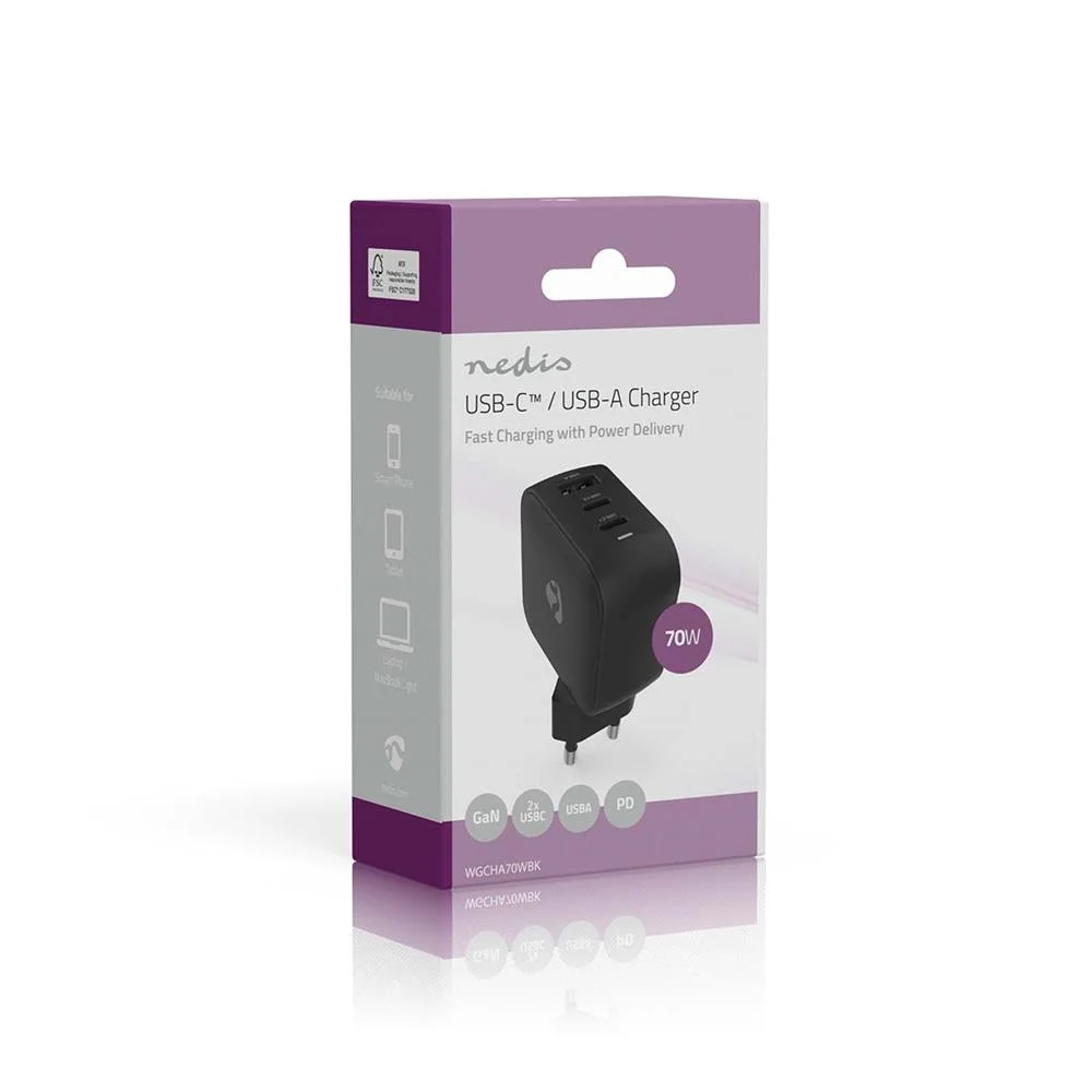 Carregador 70W GaN PD3.0 Quick charge USB-A / 2x USB-C Preto