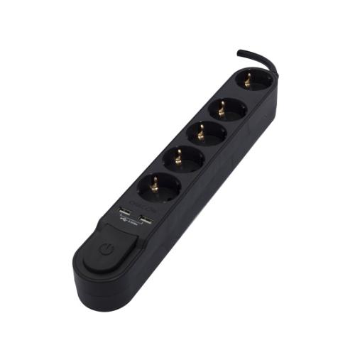 Bloco 5 Tomadas Schuko 16a+2 Usb C/Int.Preto 3m
