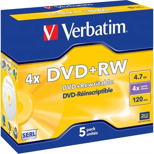 VERBATIM DVD+RW 4X 4.7GB 120MIN COLOUR SLIM CASE .