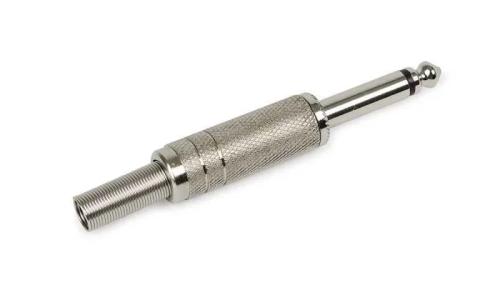 Conetor de Áudio. Jack 6,3 Mm Mono Macho. Orifício de Saída para Cabo 6 Mm Ø. Prateado.