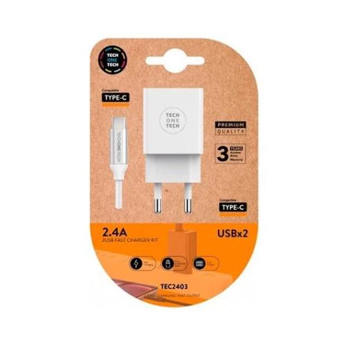 Carregador Duplo + Cabo Usb-C Tech One Tech Branco