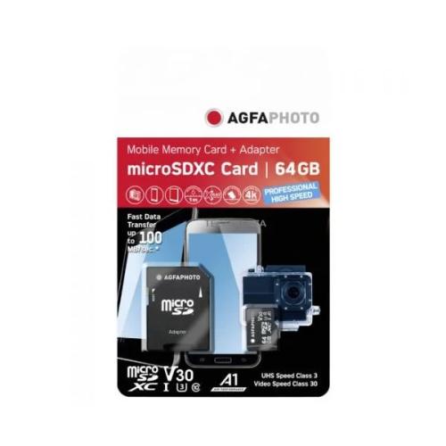 Agfaphoto Microsdxc Uhs-I 64gb High Speed C10 U3 V30 + Adapter