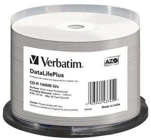 1x50 Verbatim Cd-R 80 / 700mb 52x White Wide Printable Non-Id