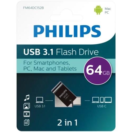 Philips 2 em 1 Preto 64 GB OTG USB C USB.