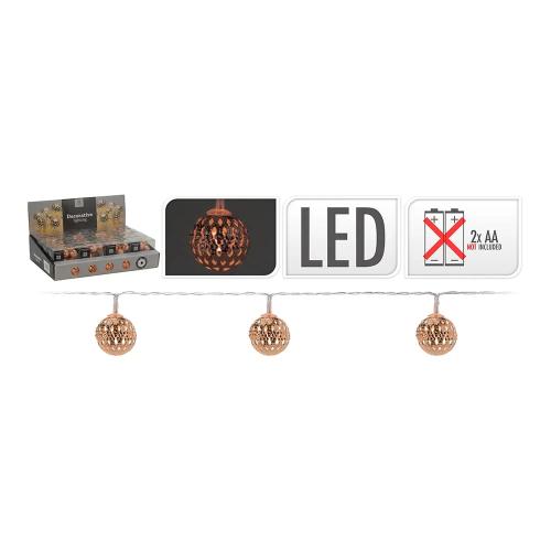Grinalda Branco Quente Fixo 10 Leds com Bolas Cor Cobre (2,5cm) com Pilhas Ip20 1,3m