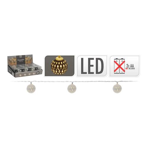 Grinalda Branco Quente Fixo 10 Leds com Bolas Brancas (2,5cm) a Pilhas Ip20 1,3m