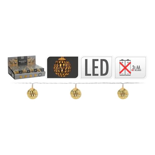 Grinalda Branco Quente 10 Leds com Bolas Cor Ouro (2,5cm) a Pilhas Ip20 1,3m