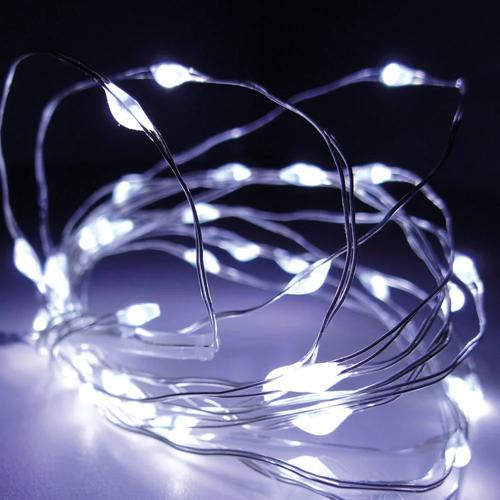 Grinalda Branco Frio 40 Leds a Pilhas com Cabo Arame Prateado Ip20 2,20m