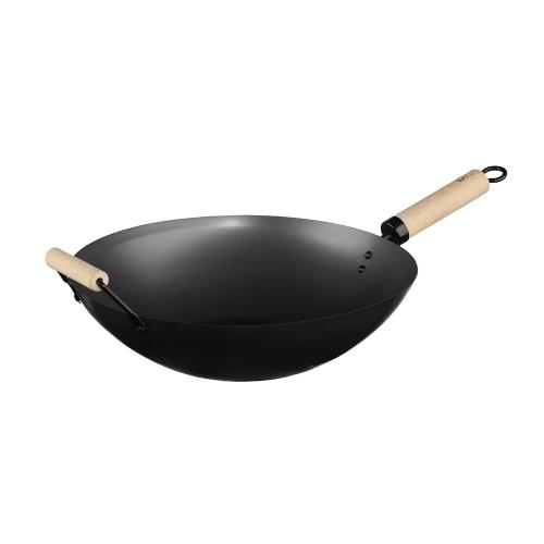 Wok Em Aço Inoxidável Com Cabo De Madeira 35cm
