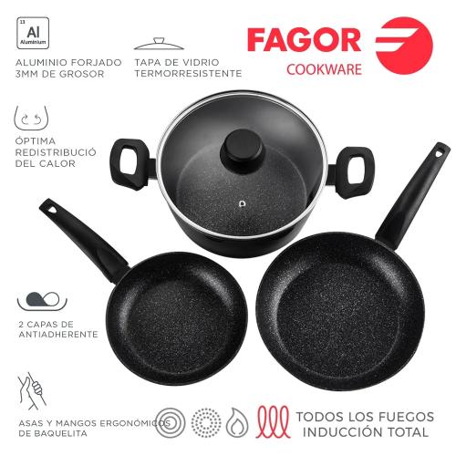 Kit 2 Frigideiras + 1 Panela Vivant Preta Alumínio 3004 Fagor