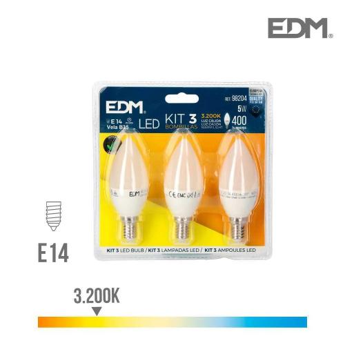 Kit 3 Lâmpadas Candeiro Led E14 5W 400 Lm 3200K Lu